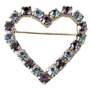 Icy Blue, Purple Rhinestone Open Heart Brooch Pin J195